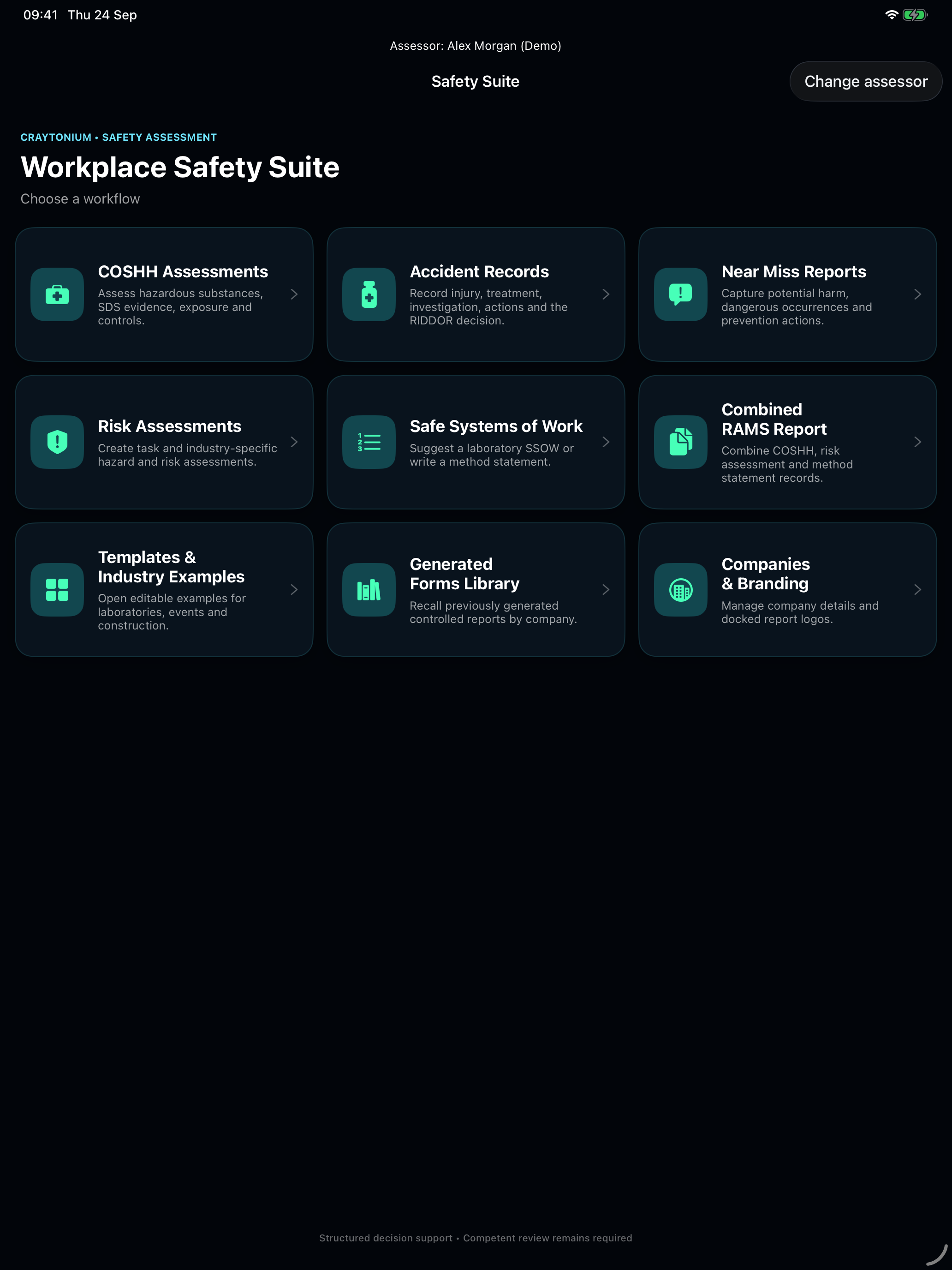 Safety Suite workflow menu with fictional demo assessor details